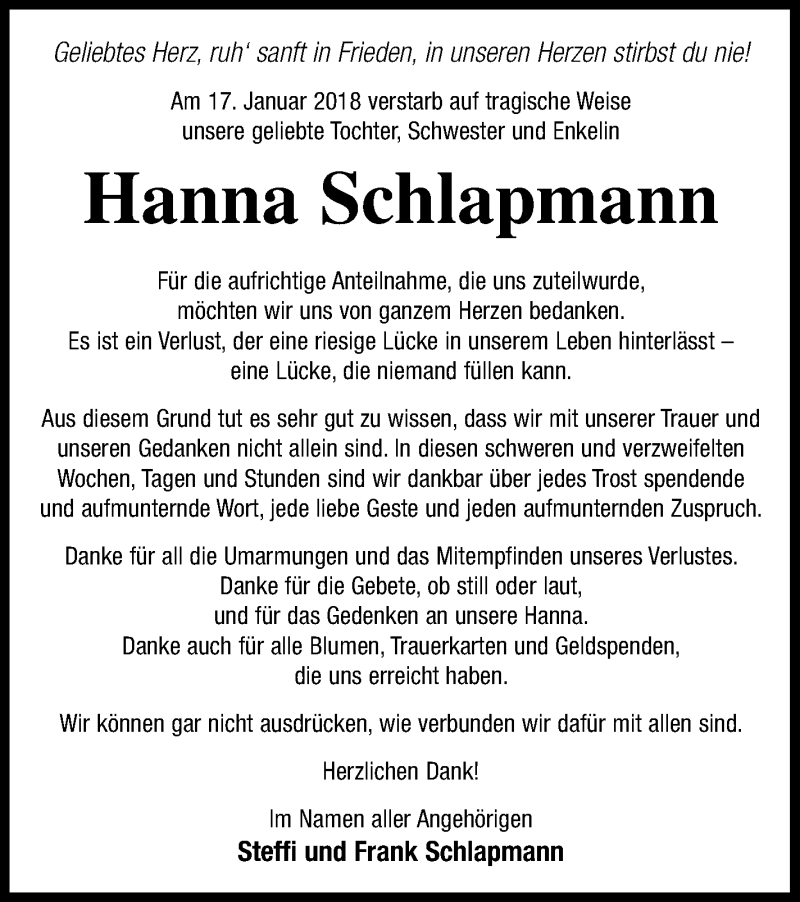  Traueranzeige für Hanna Schlapmann vom 13.02.2018 aus Mecklenburger Schweiz