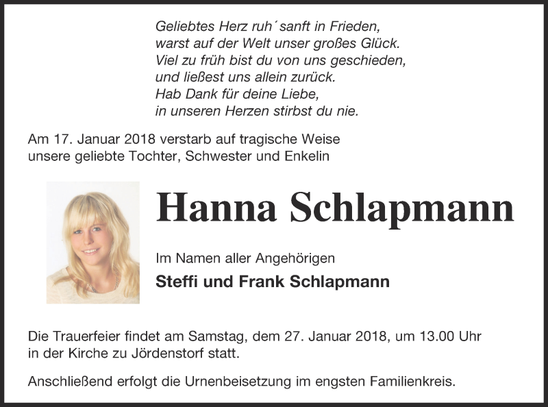  Traueranzeige für Hanna Schlapmann vom 24.01.2018 aus Mecklenburger Schweiz