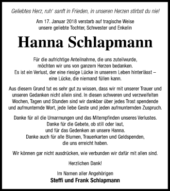 Traueranzeige von Hanna Schlapmann von Mecklenburger Schweiz