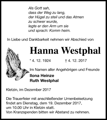 Traueranzeige von Hanna Westphal von Vorpommern Kurier