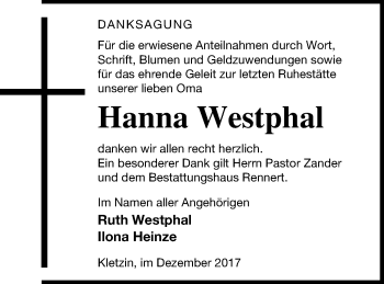 Traueranzeige von Hanna Westphal von Demminer Zeitung