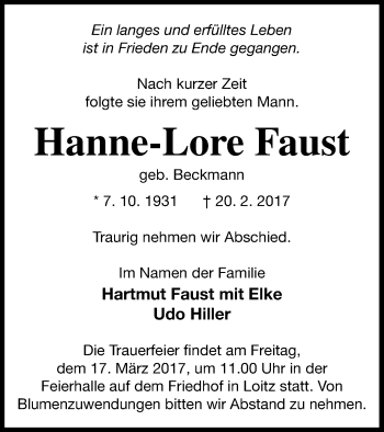 Traueranzeige von Hanne-Lore Faust von Vorpommern Kurier