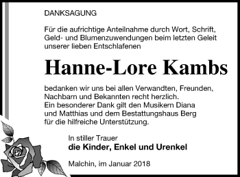 Traueranzeige von Hanne-Lore Kambs von Mecklenburger Schweiz