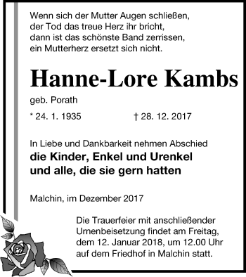 Traueranzeige von Hanne-Lore Kambs von Mecklenburger Schweiz