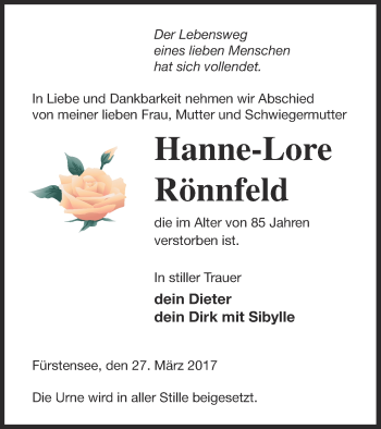 Traueranzeige von Hanne-Lore Rönnfeld von Strelitzer Zeitung