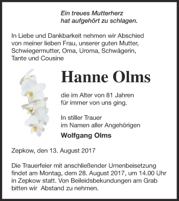 Traueranzeige von Hanne Olms von Müritz-Zeitung