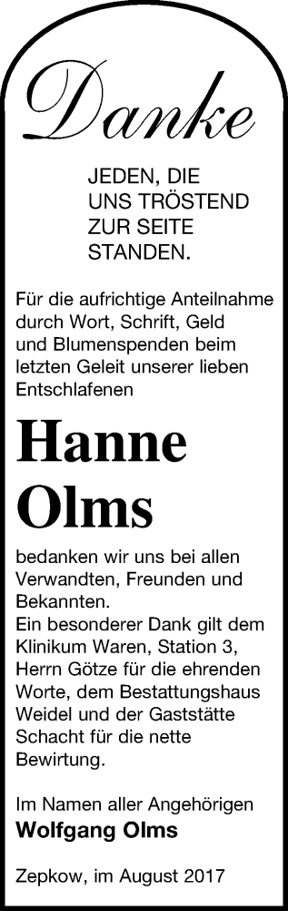 Traueranzeige von Hanne Olms von Müritz-Zeitung