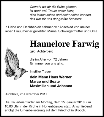 Traueranzeige von Hannelore Farwig von Vorpommern Kurier