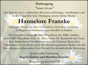 Traueranzeige von Hannelore Franzke von Vorpommern Kurier