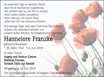 Traueranzeige von Hannelore Franzke von Vorpommern Kurier