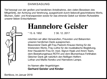 Traueranzeige von Hannelore Geisler von Prenzlauer Zeitung