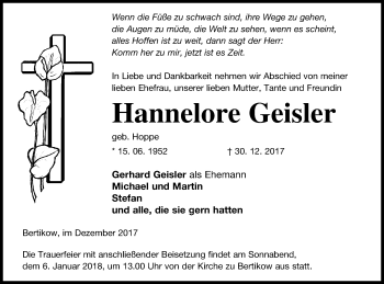 Traueranzeige von Hannelore Geisler von Prenzlauer Zeitung