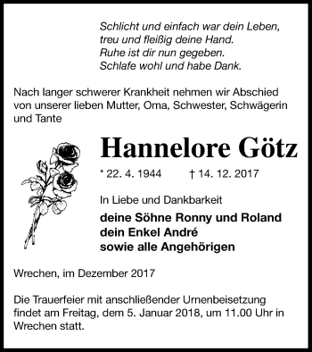 Traueranzeige von Hannelore Götz von Strelitzer Zeitung