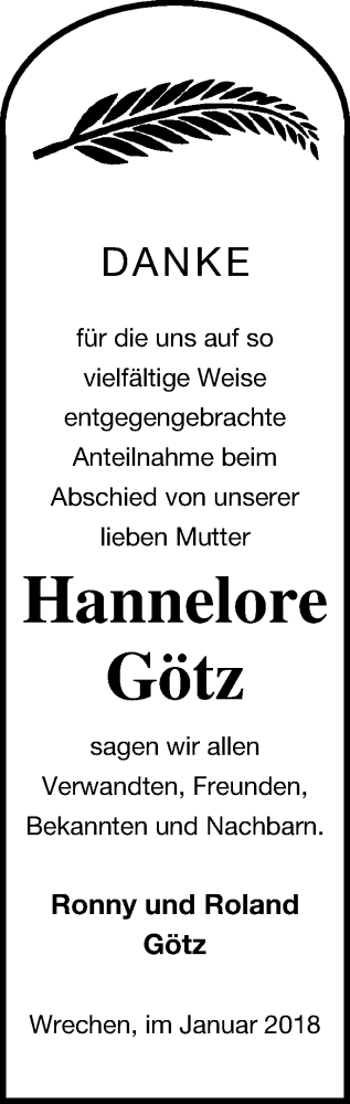 Traueranzeige von Hannelore Götz von Strelitzer Zeitung