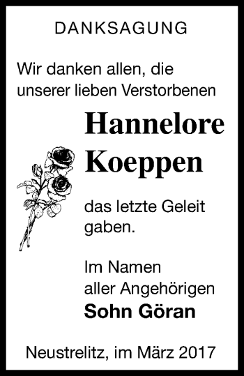 Traueranzeige von Hannelore Koeppen von Strelitzer Zeitung