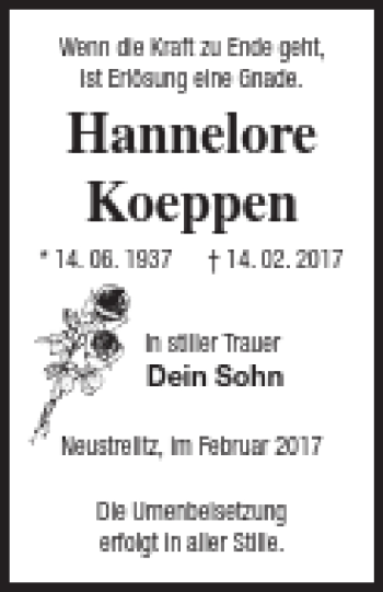 Traueranzeige von Hannelore Koeppen von Strelitzer Zeitung
