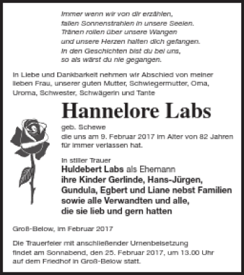 Traueranzeige von Hannelore Labs von Neubrandenburger Zeitung