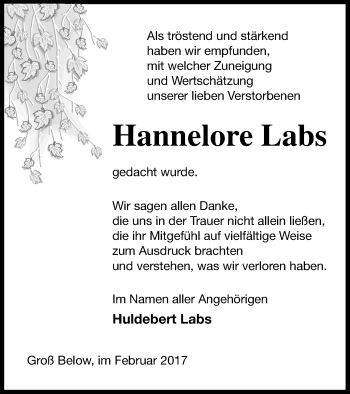 Traueranzeige von Hannelore Labs von Neubrandenburger Zeitung