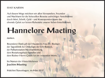 Traueranzeige von Hannelore Maeting von Mecklenburger Schweiz