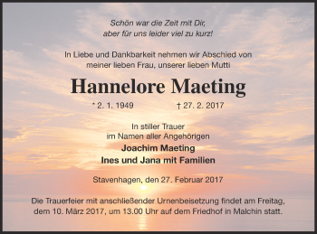 Traueranzeige von Hannelore Maeting von Mecklenburger Schweiz