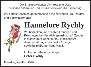 Traueranzeige von Hannelore Rychly von Prenzlauer Zeitung