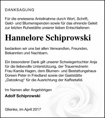 Traueranzeige von Hannelore Schiprowski von Neubrandenburger Zeitung