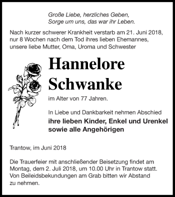 Traueranzeige von Hannelore Schwanke von Vorpommern Kurier