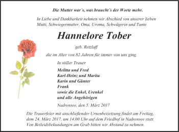 Traueranzeige von Hannelore Tober von Pasewalker Zeitung