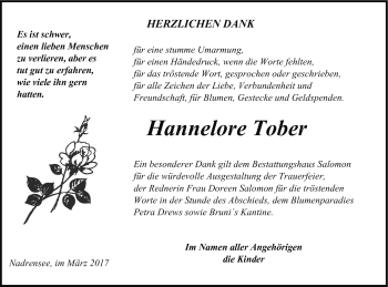 Traueranzeige von Hannelore Tober von Pasewalker Zeitung