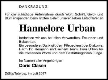 Traueranzeige von Hannelore Urban von Mecklenburger Schweiz