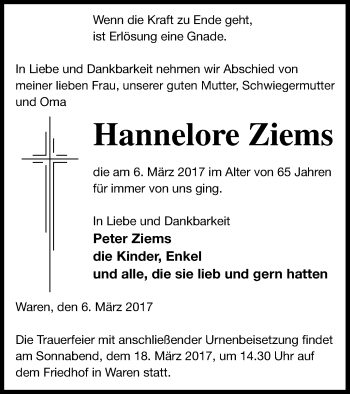 Traueranzeige von Hannelore Ziems von Müritz-Zeitung