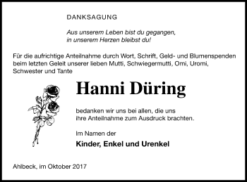 Traueranzeige von Hanni Düring von Haff-Zeitung