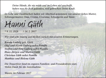 Traueranzeige von Hanni Gäth von Müritz-Zeitung
