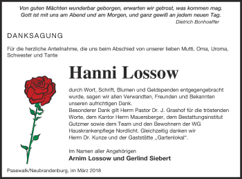 Traueranzeige von Hanni Lossow von Pasewalker Zeitung