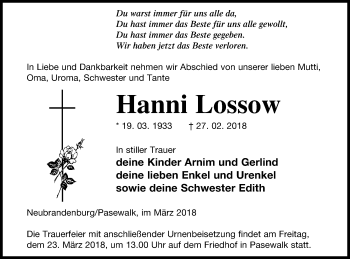 Traueranzeige von Hanni Lossow von Pasewalker Zeitung