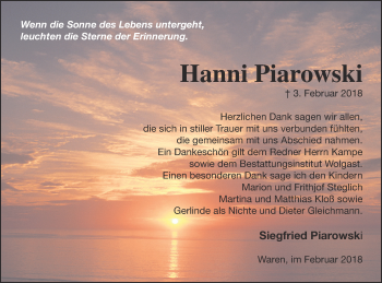 Traueranzeige von Hanni Piarowski von Müritz-Zeitung