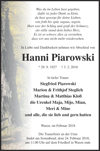 Traueranzeige von Hanni Piarowski von Müritz-Zeitung