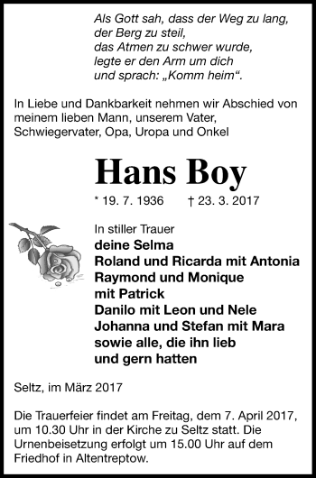 Traueranzeige von Hans Boy von Neubrandenburger Zeitung