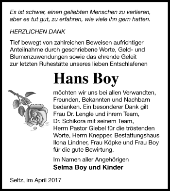 Traueranzeige von Hans Boy von Neubrandenburger Zeitung