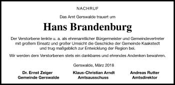 Traueranzeige von Hans Brandenburg von Templiner Zeitung