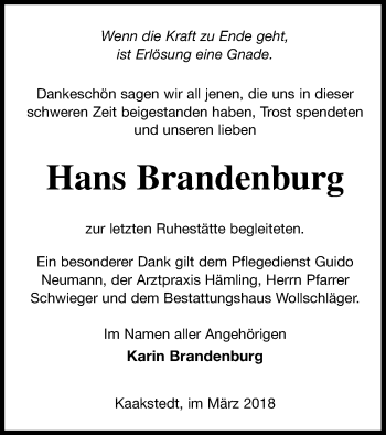 Traueranzeige von Hans Brandenburg von Templiner Zeitung