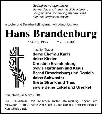 Traueranzeige von Hans Brandenburg von Templiner Zeitung