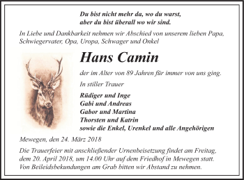 Traueranzeige von Hans Camin von Pasewalker Zeitung