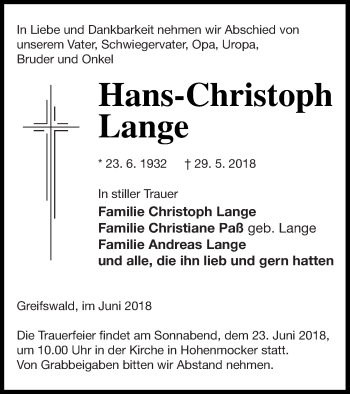 Traueranzeige von Hans-Christoph Lange von Demminer Zeitung