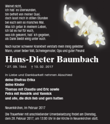 Traueranzeige von Hans-Dieter Baumbach von Neubrandenburger Zeitung