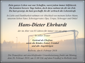 Traueranzeige von Hans-Dieter Ehrhardt von Pasewalker Zeitung