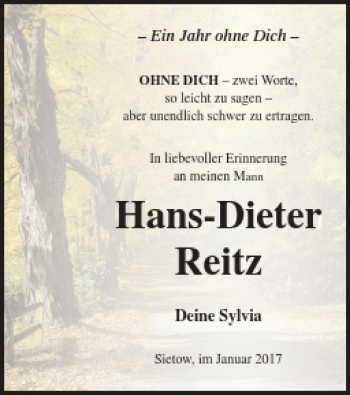 Traueranzeige von Hans-Dieter Reitz von Müritz-Zeitung