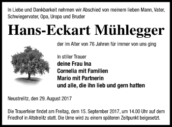 Traueranzeige von Hans-Eckart Mühlegger von Strelitzer Zeitung