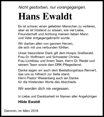 Traueranzeige von Hans Ewaldt von Demminer Zeitung