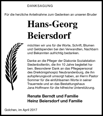 Traueranzeige von Hans-Georg Beiersdorf von Neubrandenburger Zeitung